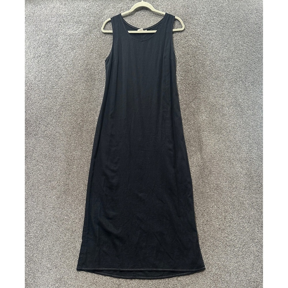 VTG Victoria Holly Maxi Dress Medium Black‎ Linen Rayon Sleeveless Side Slit